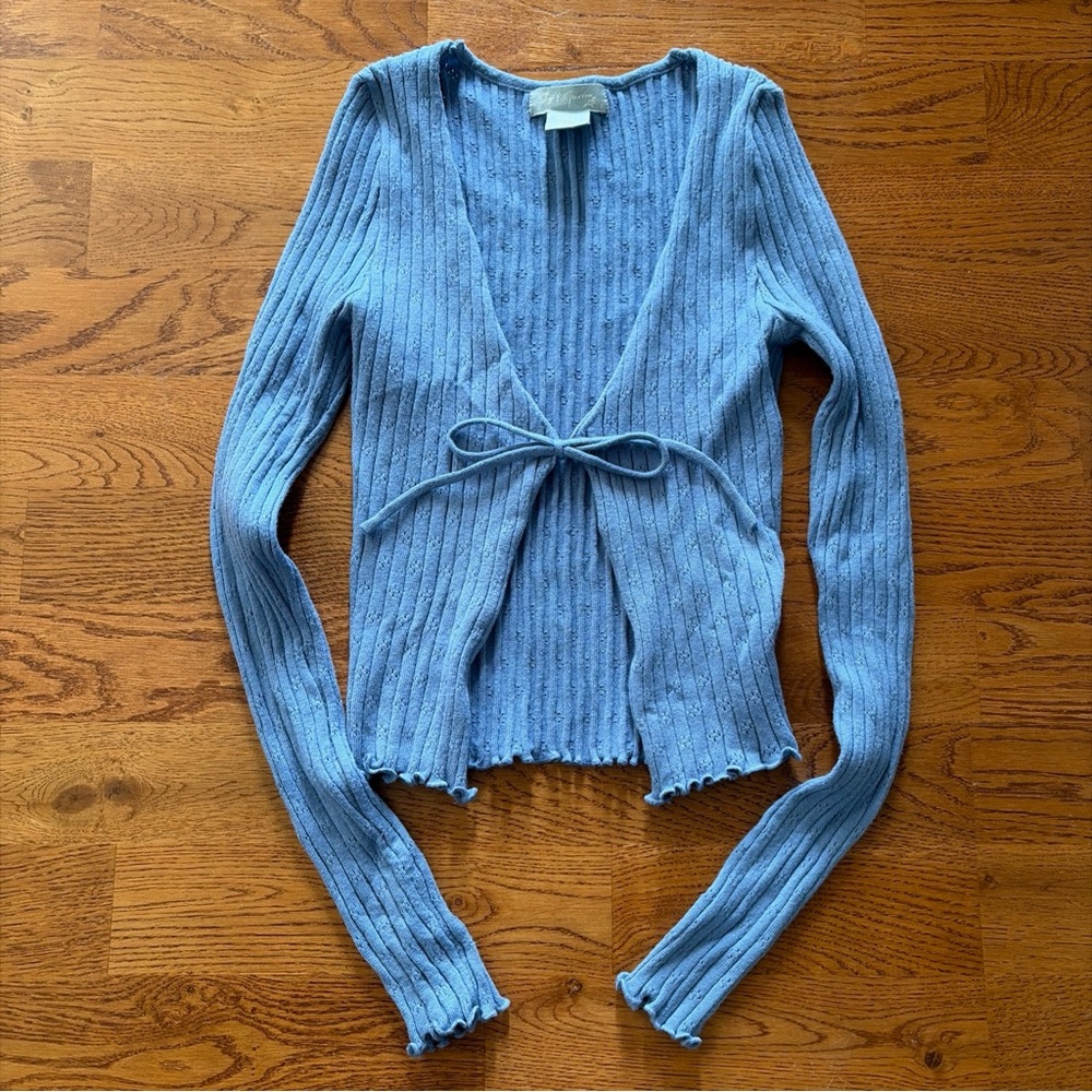 Sky & Sparrow Cardigan Sweater Women Knit Open Blue Tie Front Pointelle Ribbed